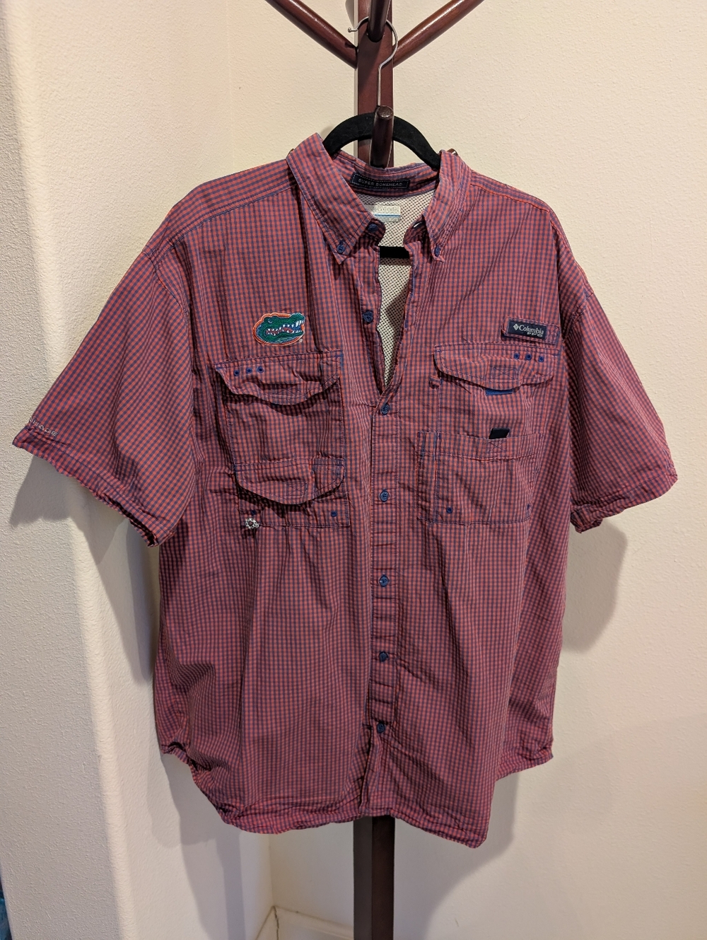 Columbia Men's Short-Sleeve Red Plaid PFG Bonehead Fishing Shirt, Size XL